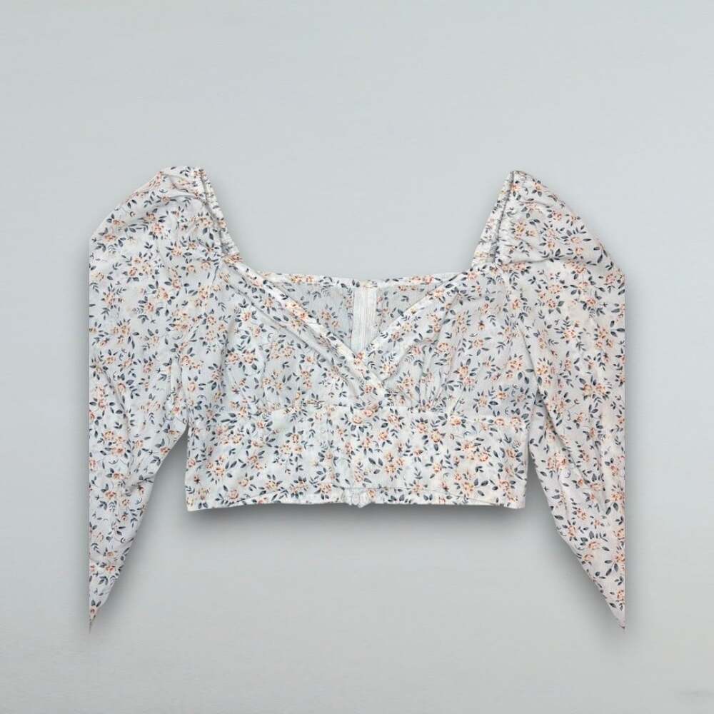 White Floral Crop Top Puff Long Sleeve Square Neck Women’s Medium - Picture 3 of 5